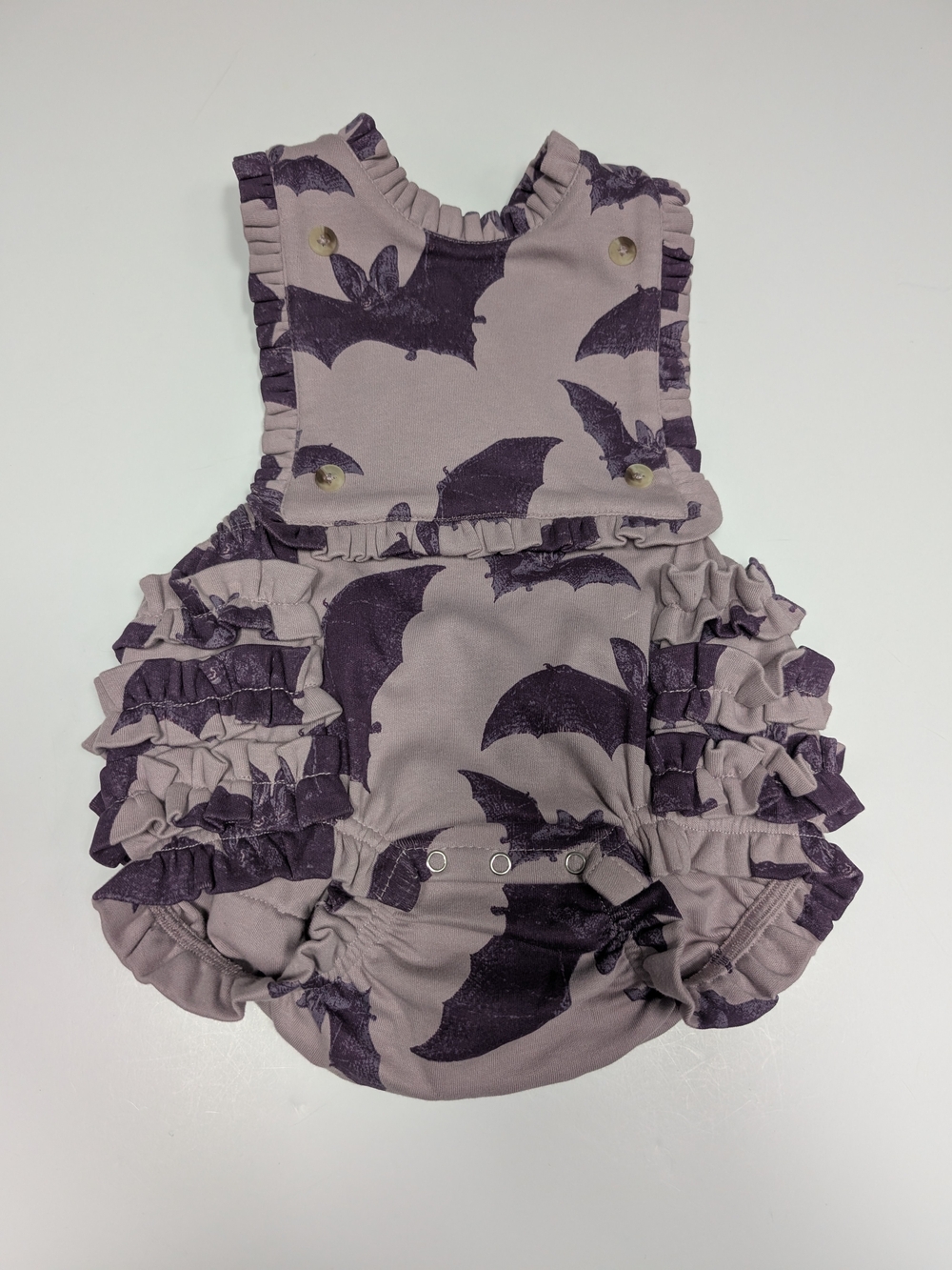 kate quinn Organic Cotton Purple Bat Ruffle Bubble Romper 6-12 Spooky Halloween